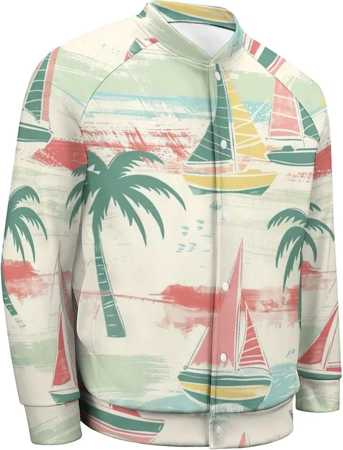 Nautical Sailboat Coconut Palm Trees Lightweight Men's Baseball Jackets Relaxed Fit Varsity Bomber Jacket Windbreaker Coat
