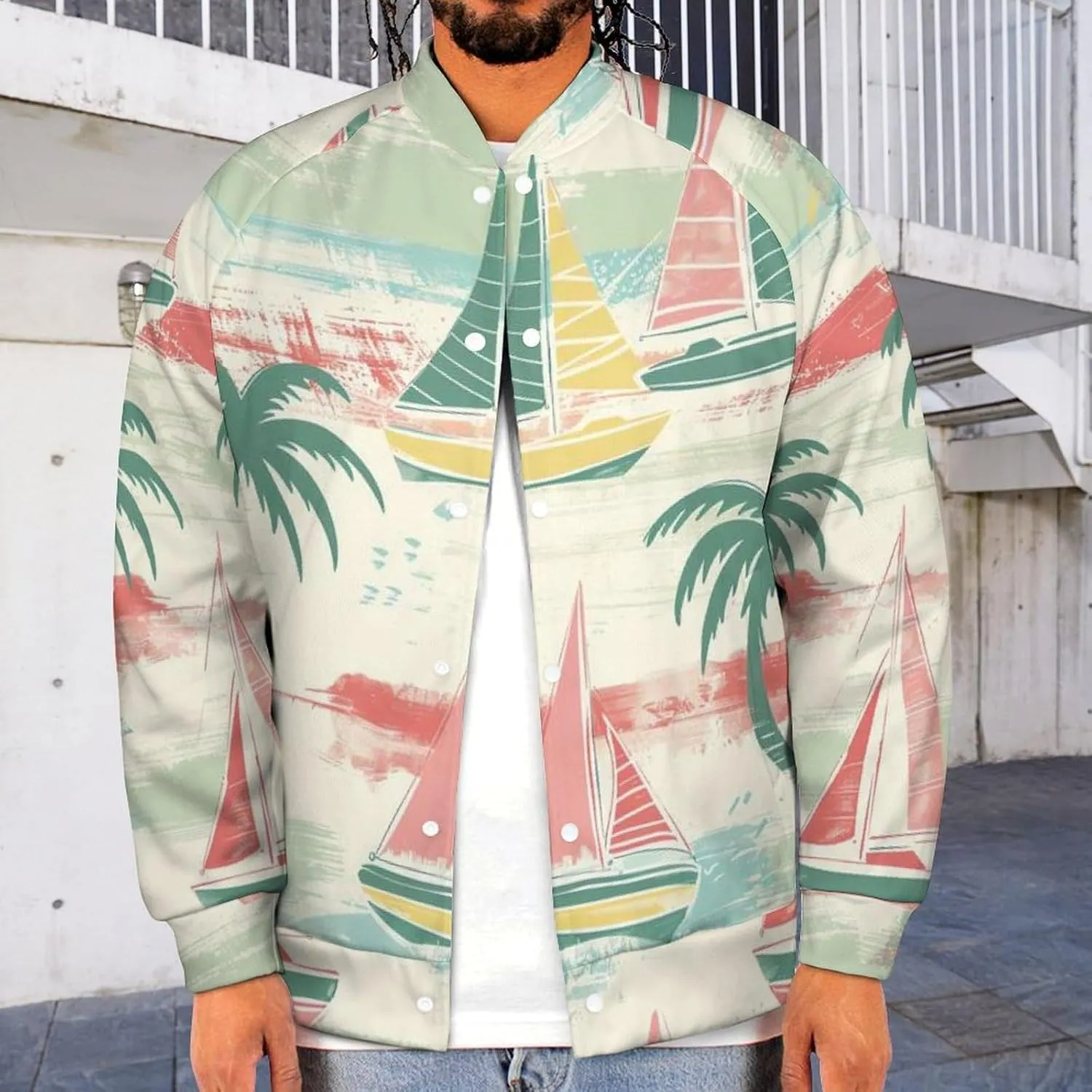 Nautical Sailboat Coconut Palm Trees Lightweight Men's Baseball Jackets Relaxed Fit Varsity Bomber Jacket Windbreaker Coat