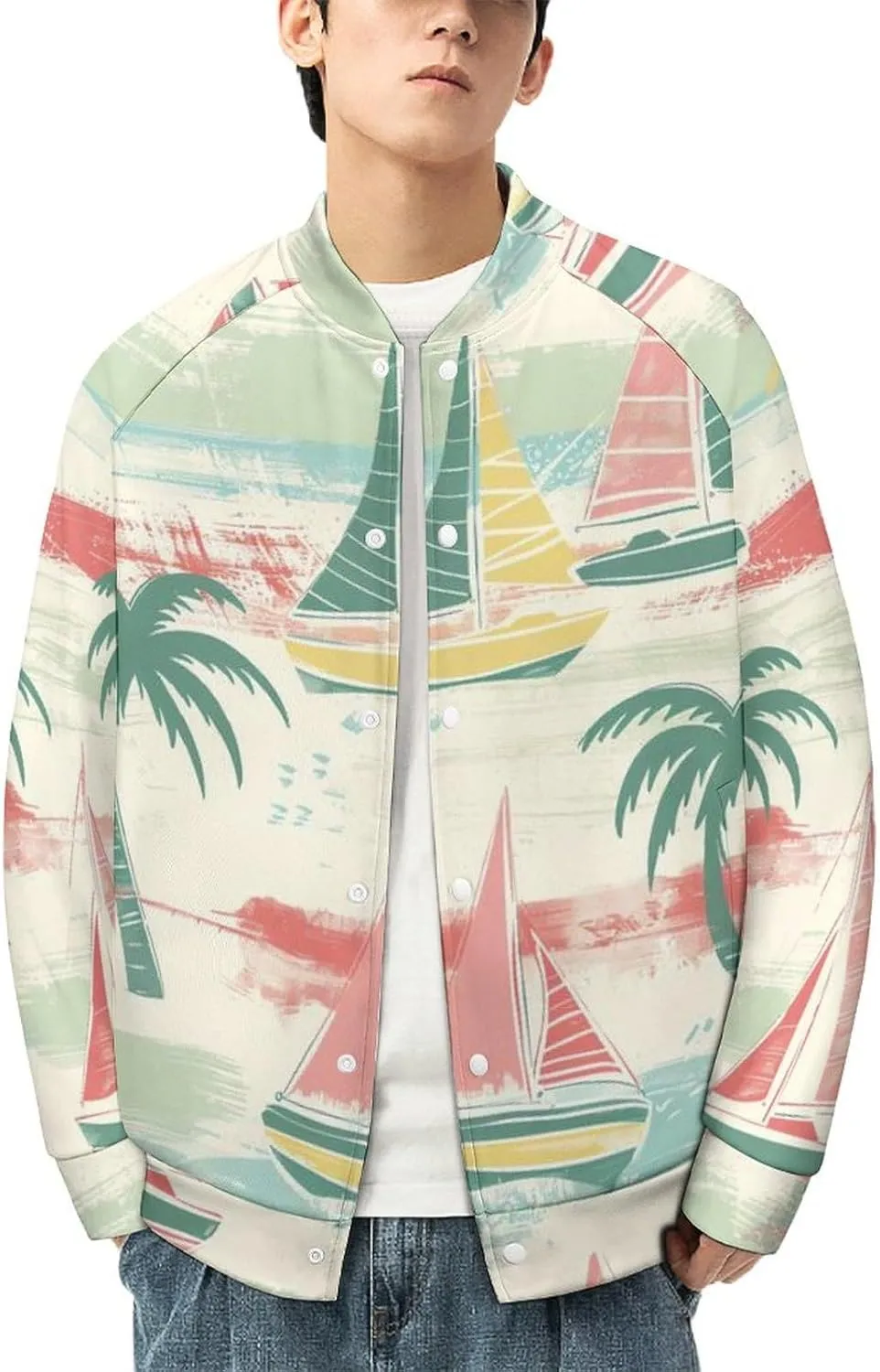 Nautical Sailboat Coconut Palm Trees Lightweight Men's Baseball Jackets Relaxed Fit Varsity Bomber Jacket Windbreaker Coat