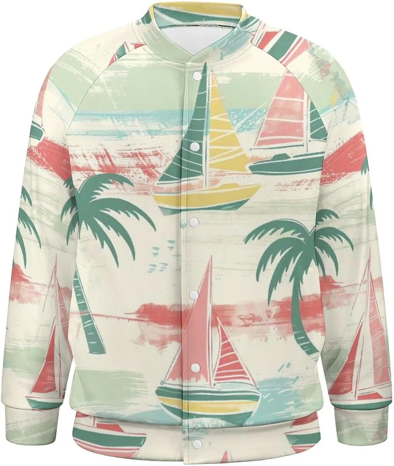 Nautical Sailboat Coconut Palm Trees Lightweight Men's Baseball Jackets Relaxed Fit Varsity Bomber Jacket Windbreaker Coat