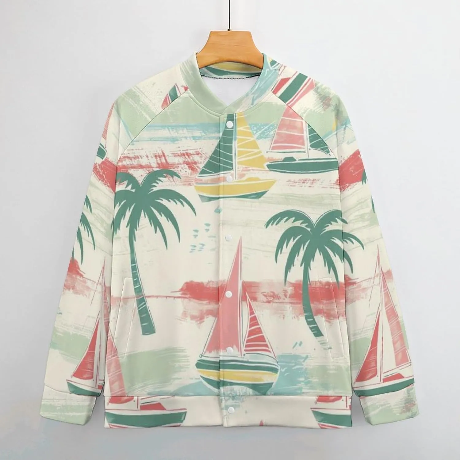 Nautical Sailboat Coconut Palm Trees Lightweight Men's Baseball Jackets Relaxed Fit Varsity Bomber Jacket Windbreaker Coat