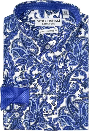 Nick Graham Long Sleeve Paisley Dress Shirt for Men, Wrinkle Free Mens Dress Shirt with Performance Fabric