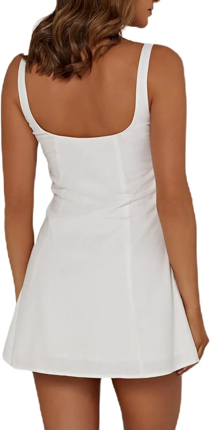 NUFIWI Women Sweet Y2k Mini Dress Square Neck Ruffle Flare A Line Short Dress Backless White Babydoll Dress Fairy