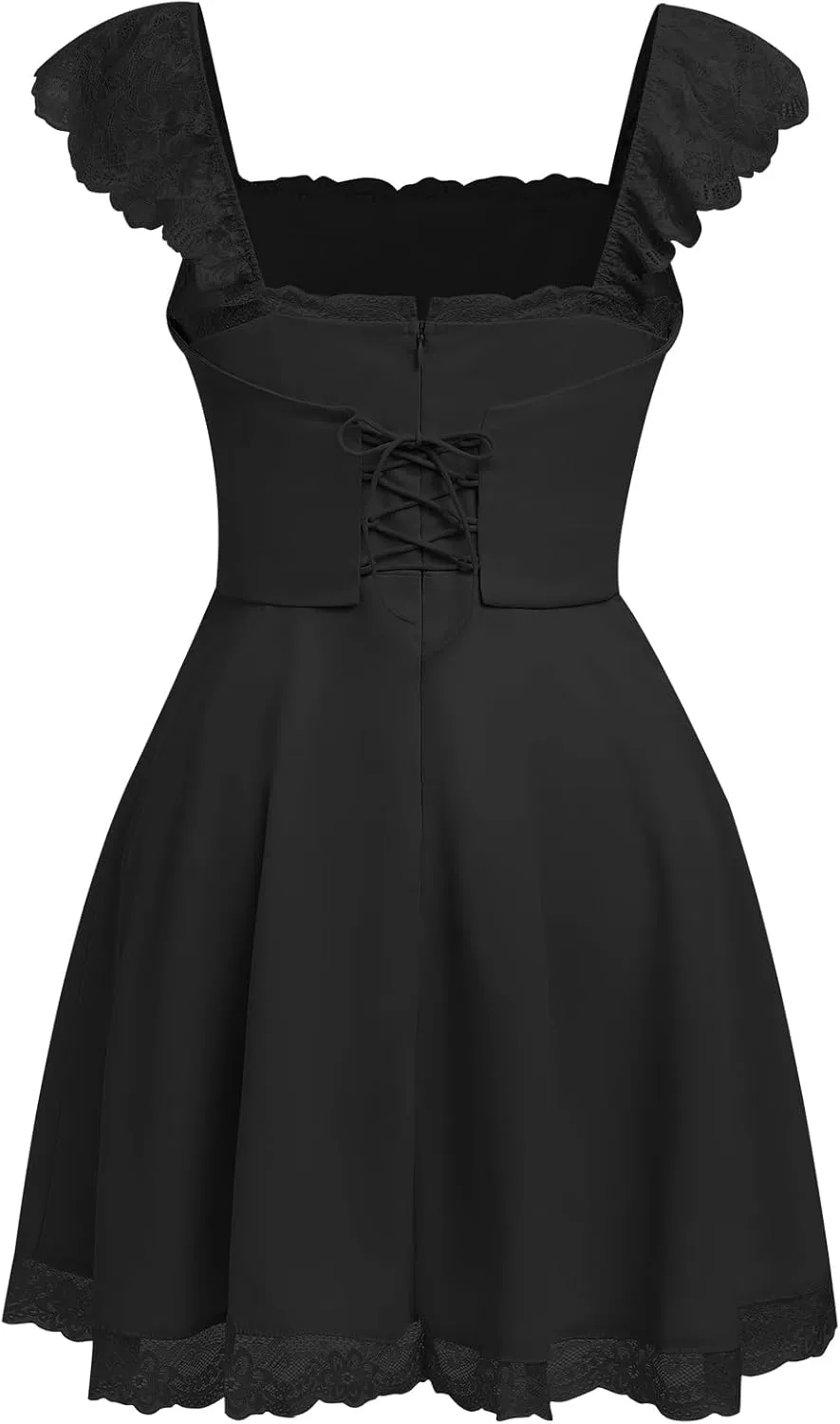 OBEEII Women's Square Neck Strap Lace Mini Dress Flowy A-Line Ruffle Swing Casual Summer Short Dress Party Graduation Dress