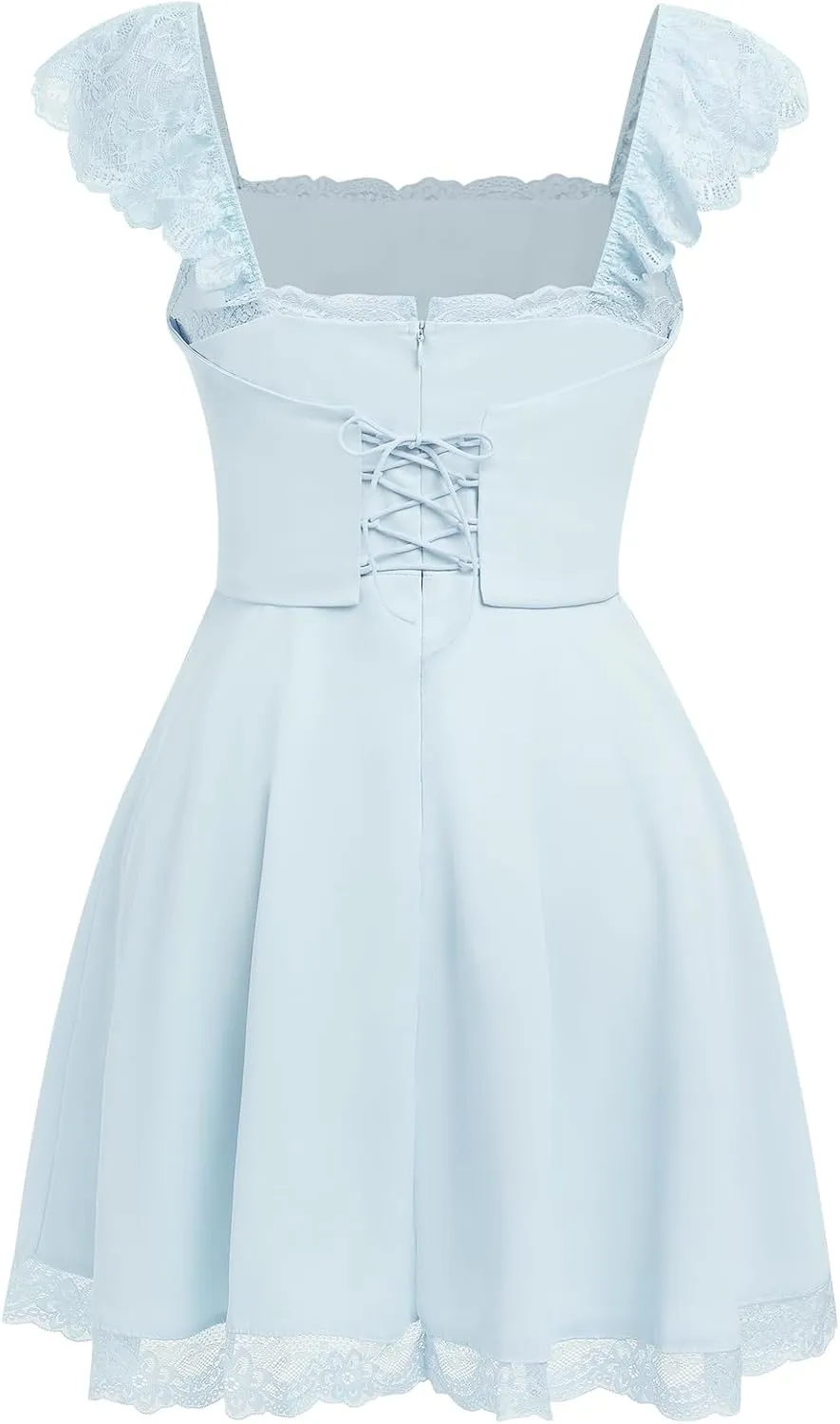 OBEEII Women's Square Neck Strap Lace Mini Dress Flowy A-Line Ruffle Swing Casual Summer Short Dress Party Graduation Dress