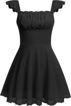 OBEEII Women's Square Neck Strap Lace Mini Dress Flowy A-Line Ruffle Swing Casual Summer Short Dress Party Graduation Dress