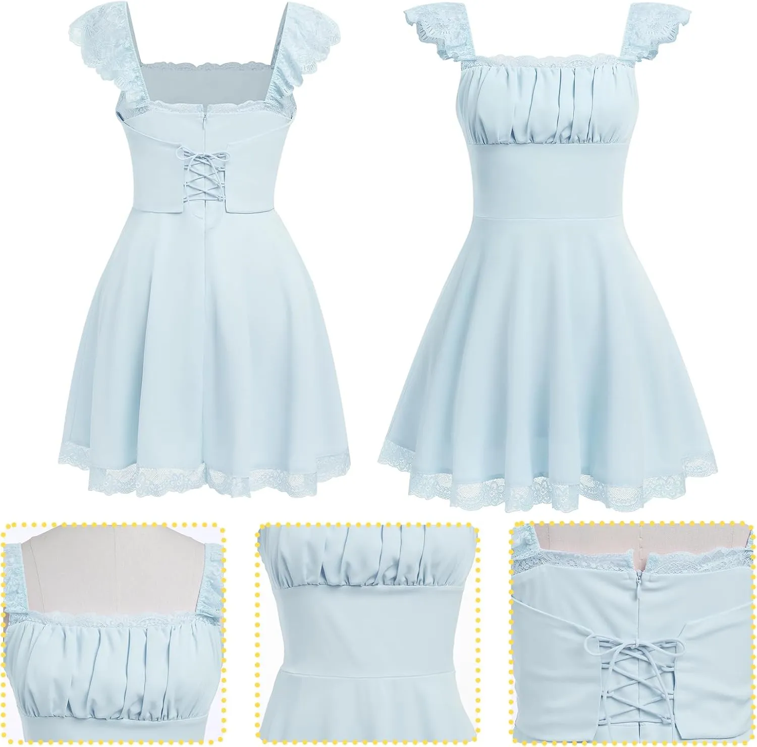 OBEEII Women's Square Neck Strap Lace Mini Dress Flowy A-Line Ruffle Swing Casual Summer Short Dress Party Graduation Dress
