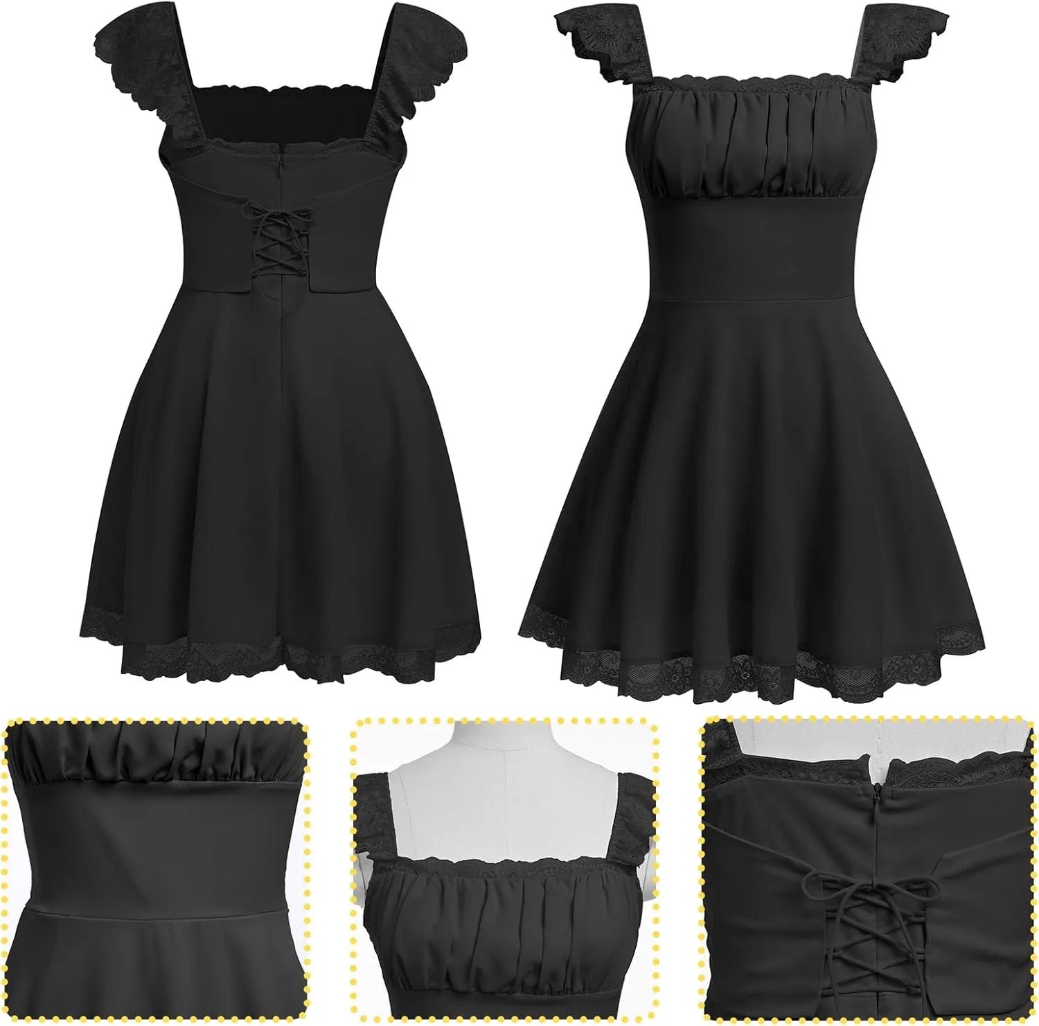 OBEEII Women's Square Neck Strap Lace Mini Dress Flowy A-Line Ruffle Swing Casual Summer Short Dress Party Graduation Dress