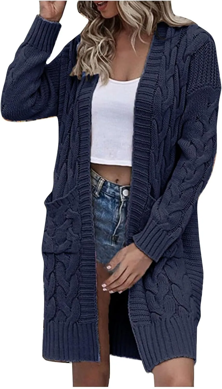 Open Front Cardigan for Womens Chunky Knit Sweaters Casual Mid_Lenth Cardigan Fall Cozy Cotton Sweater Outerwear