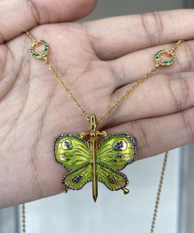 Original Green Sterling Silver Overgild Enamel Butterfly Pendant Necklace QJ004