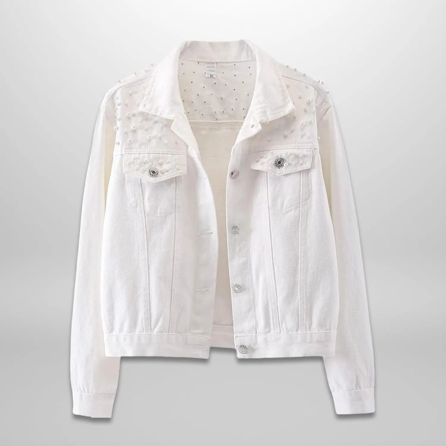 Oversized Denim Jacket Women Embroidered Pearls Short Crop Jean Jacket Button Down Distressed Denim Shacket Pockets