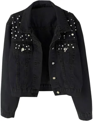 Oversized Denim Jacket Women Embroidered Pearls Short Crop Jean Jacket Button Down Distressed Denim Shacket Pockets