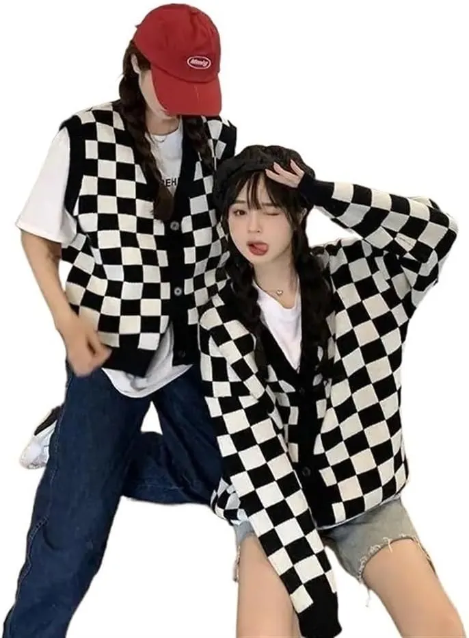 Oversized plaid cardigan sweater women's vintage checkerboard knit jacket long sleeve sweater women