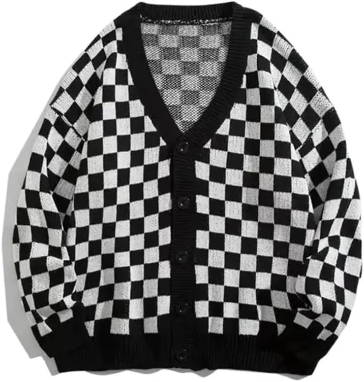 Oversized plaid cardigan sweater women's vintage checkerboard knit jacket long sleeve sweater women