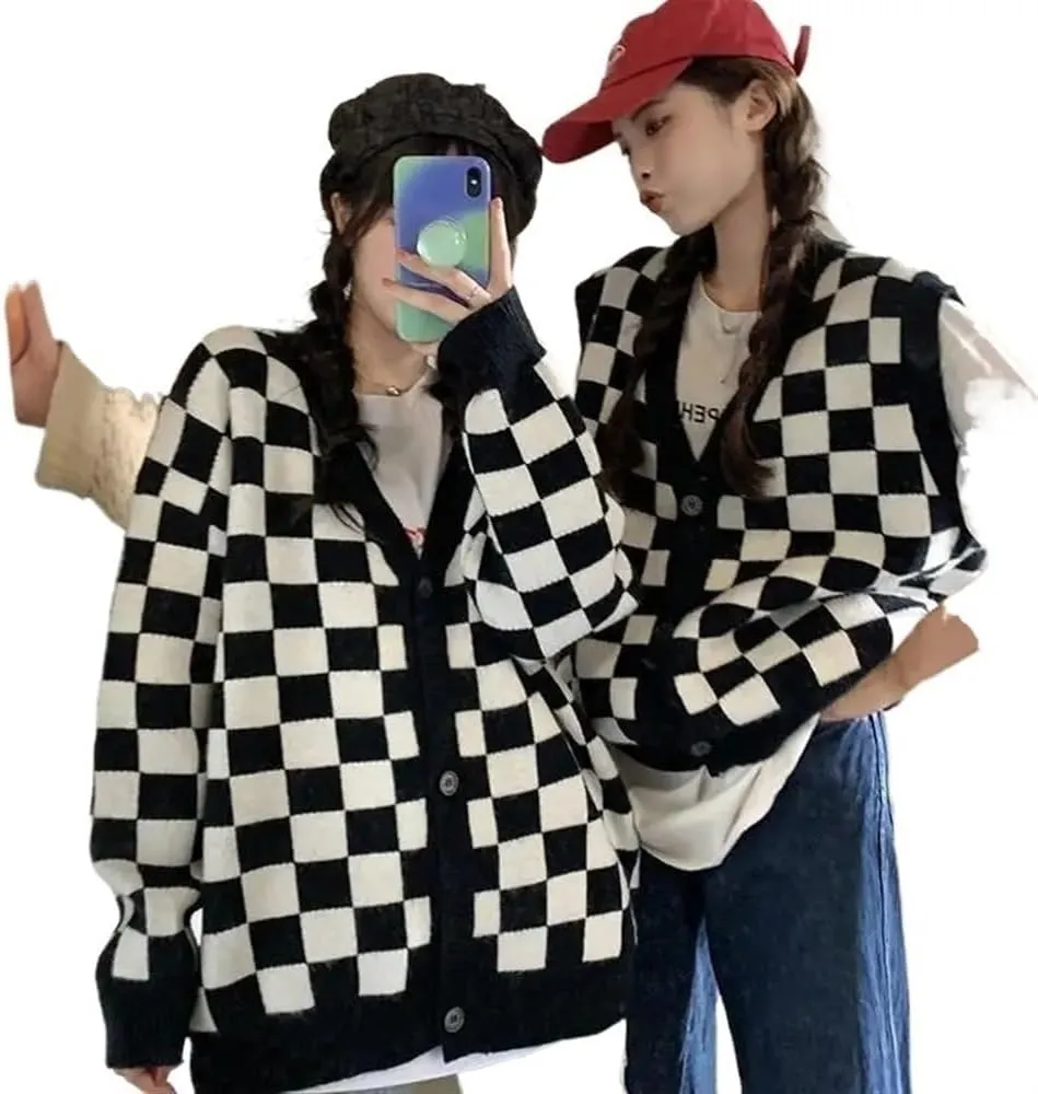 Oversized plaid cardigan sweater women's vintage checkerboard knit jacket long sleeve sweater women