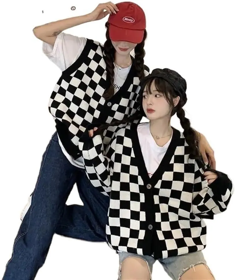 Oversized plaid cardigan sweater women's vintage checkerboard knit jacket long sleeve sweater women