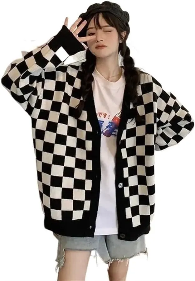 Oversized plaid cardigan sweater women's vintage checkerboard knit jacket long sleeve sweater women