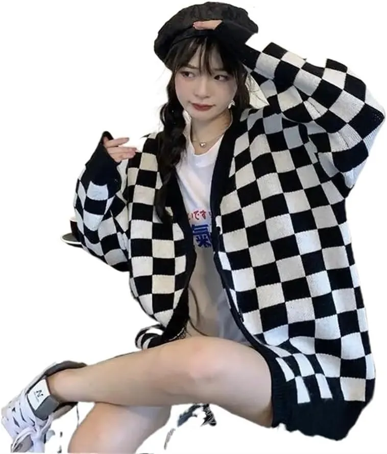 Oversized plaid cardigan sweater women's vintage checkerboard knit jacket long sleeve sweater women