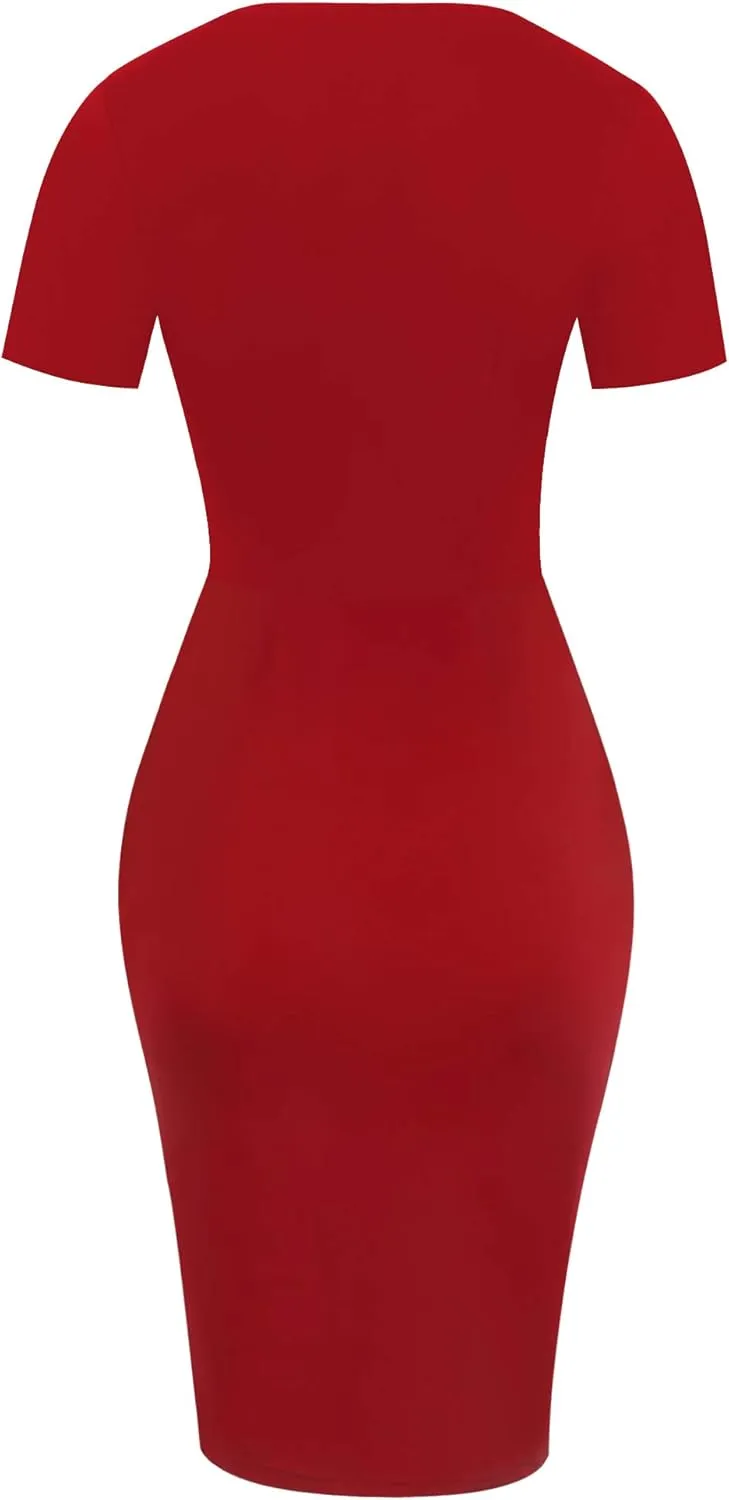 oxiuly Womens V Neck Slim Ruffle Hem Work Pencil Sheath Dress Chic Party Church Bodycon Dresses OX300
