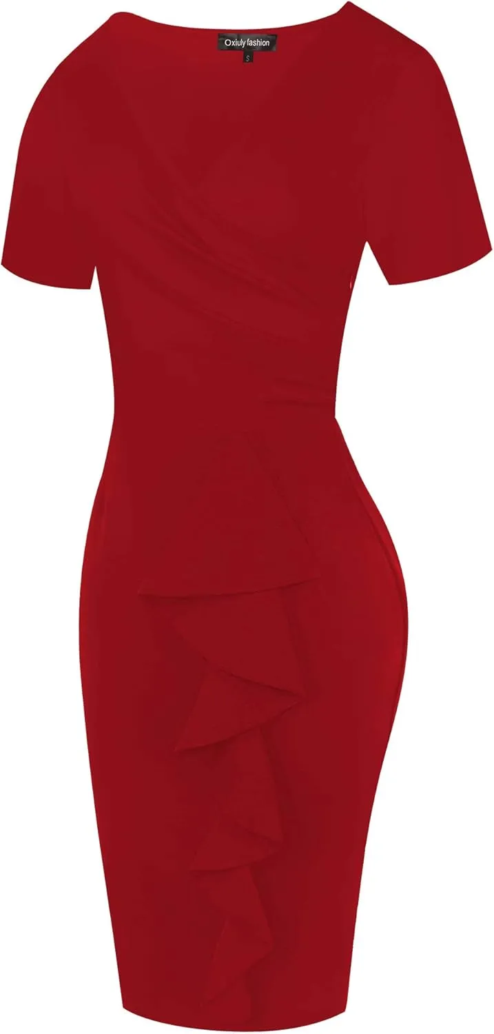 oxiuly Womens V Neck Slim Ruffle Hem Work Pencil Sheath Dress Chic Party Church Bodycon Dresses OX300