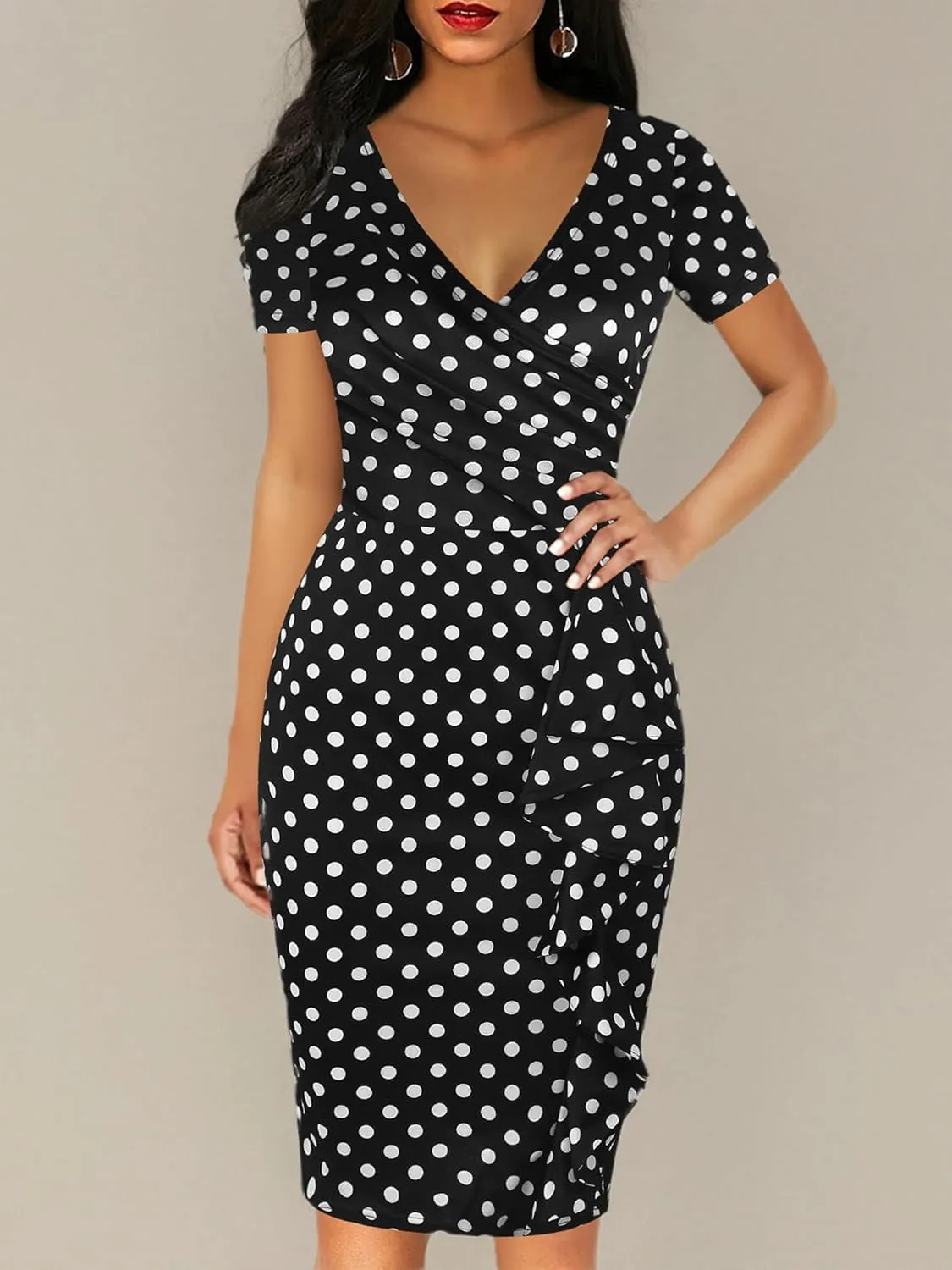 oxiuly Womens V Neck Slim Ruffle Hem Work Pencil Sheath Dress Chic Party Church Bodycon Dresses OX300