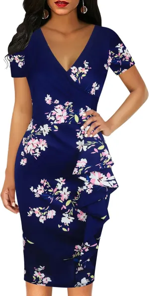 oxiuly Womens V Neck Slim Ruffle Hem Work Pencil Sheath Dress Chic Party Church Bodycon Dresses OX300
