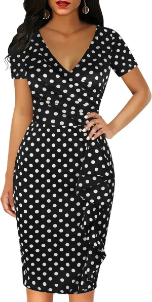 oxiuly Womens V Neck Slim Ruffle Hem Work Pencil Sheath Dress Chic Party Church Bodycon Dresses OX300