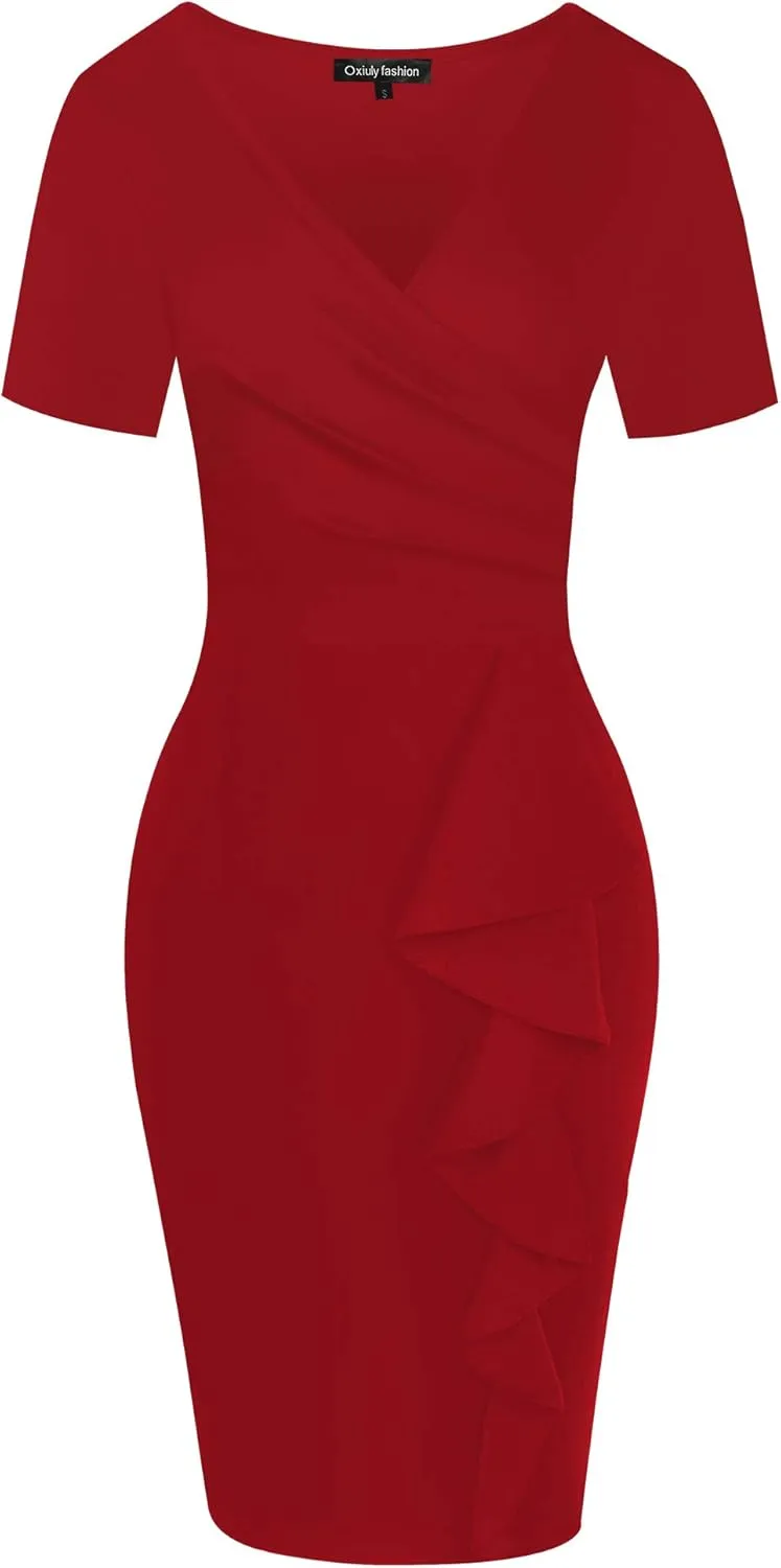 oxiuly Womens V Neck Slim Ruffle Hem Work Pencil Sheath Dress Chic Party Church Bodycon Dresses OX300