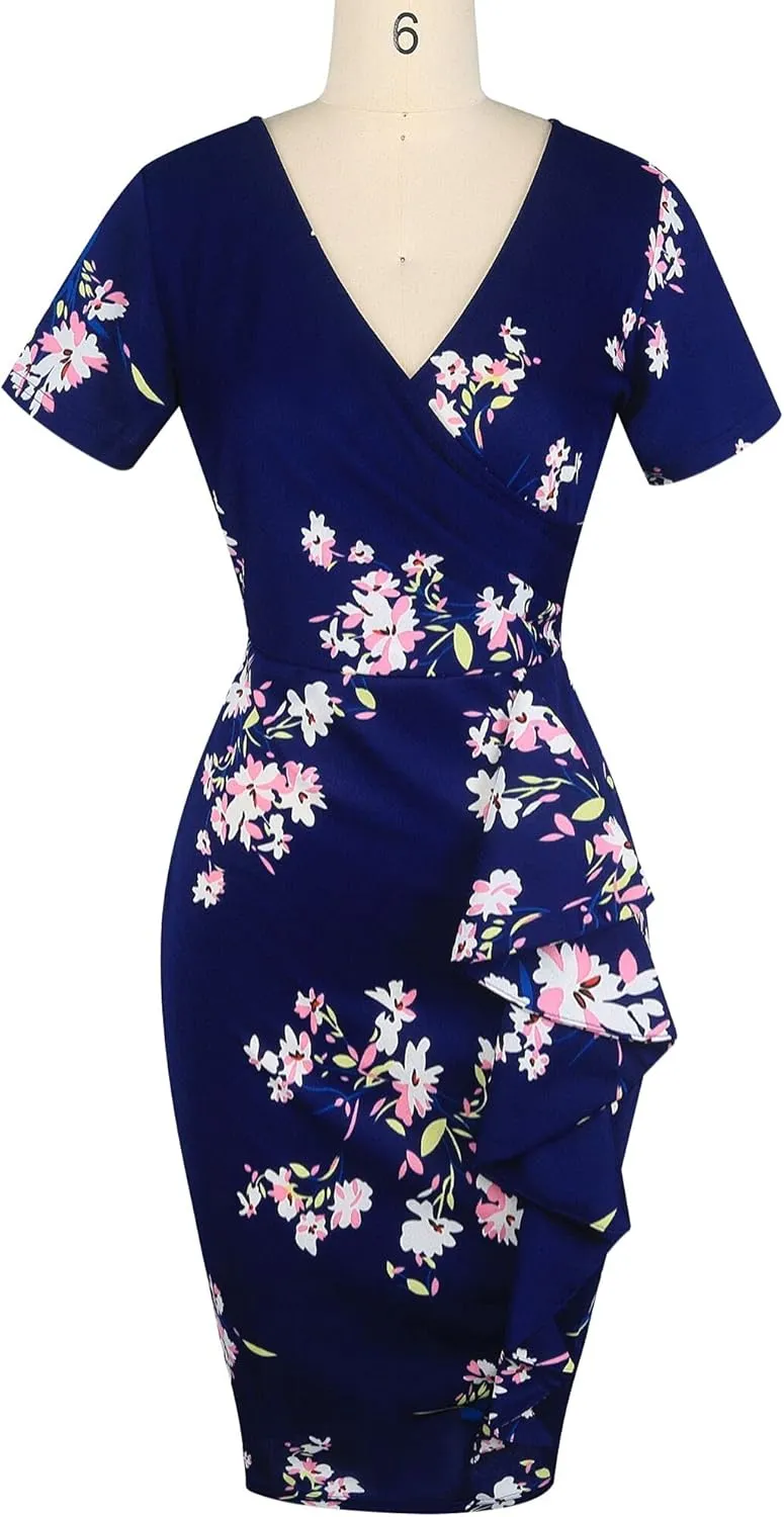 oxiuly Womens V Neck Slim Ruffle Hem Work Pencil Sheath Dress Chic Party Church Bodycon Dresses OX300