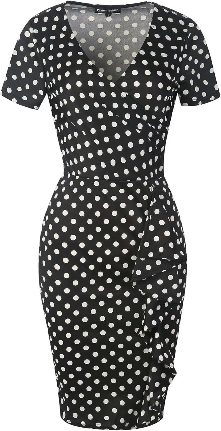 oxiuly Womens V Neck Slim Ruffle Hem Work Pencil Sheath Dress Chic Party Church Bodycon Dresses OX300
