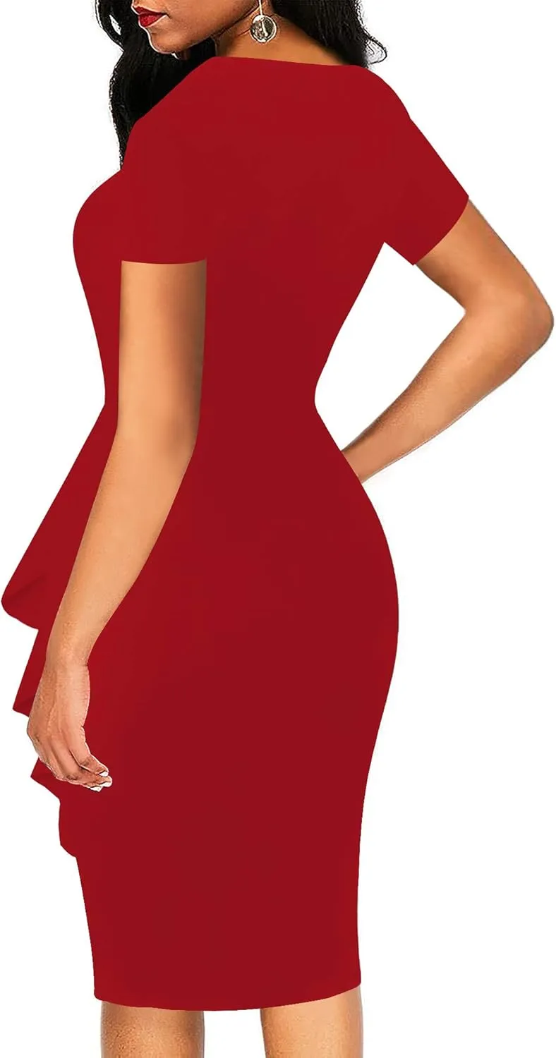 oxiuly Womens V Neck Slim Ruffle Hem Work Pencil Sheath Dress Chic Party Church Bodycon Dresses OX300