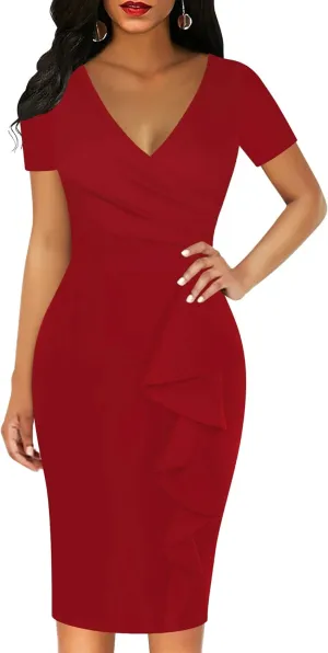 oxiuly Womens V Neck Slim Ruffle Hem Work Pencil Sheath Dress Chic Party Church Bodycon Dresses OX300