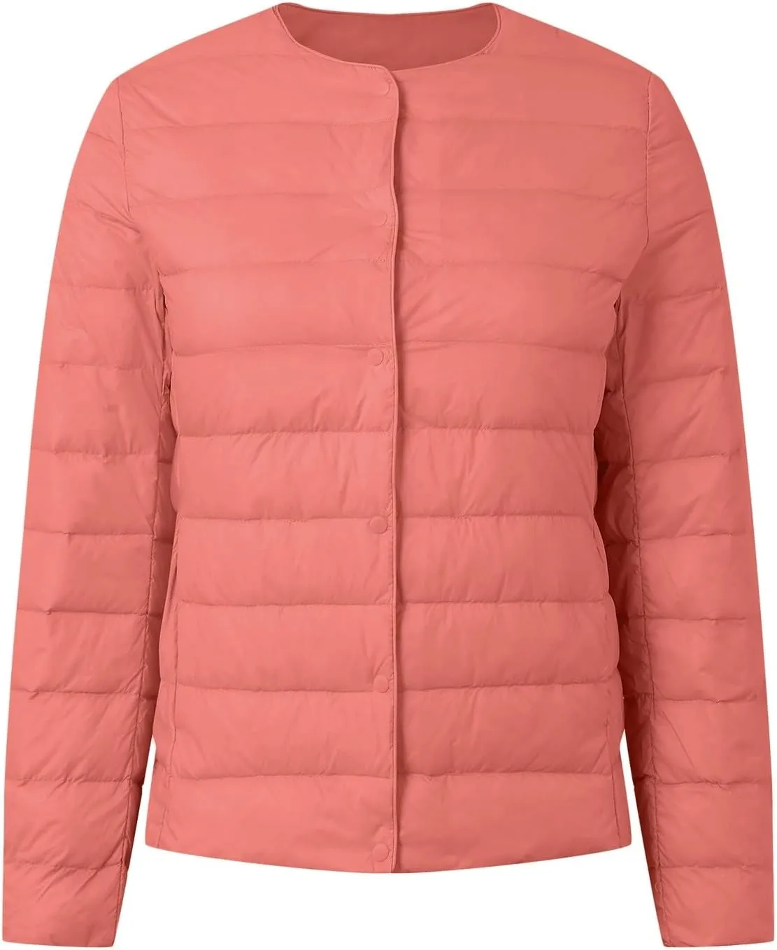 Packable Down Jacket for Women Lightweight Quilted Coat Portable Crewneck Long Sleeve Down Jackets Button Down