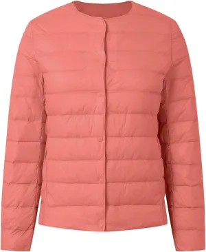 Packable Down Jacket for Women Lightweight Quilted Coat Portable Crewneck Long Sleeve Down Jackets Button Down