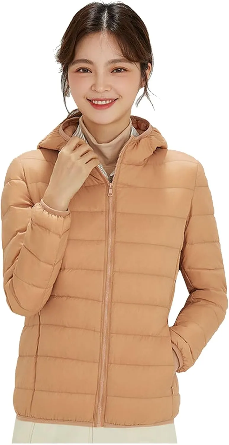 Packable Puffer Jacket for Women Lightweight Short Down Jackets Trendy Slim Fit Bubble Coat Winter Puffer Jackets with Hood