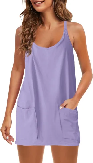 Panadila Womens Summer Sleeveless Mini Dress V Neck Spaghetti Strap Sundress Athletic Short Dress with Pockets