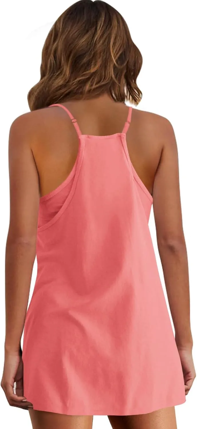 Panadila Womens Summer Sleeveless Mini Dress V Neck Spaghetti Strap Sundress Athletic Short Dress with Pockets