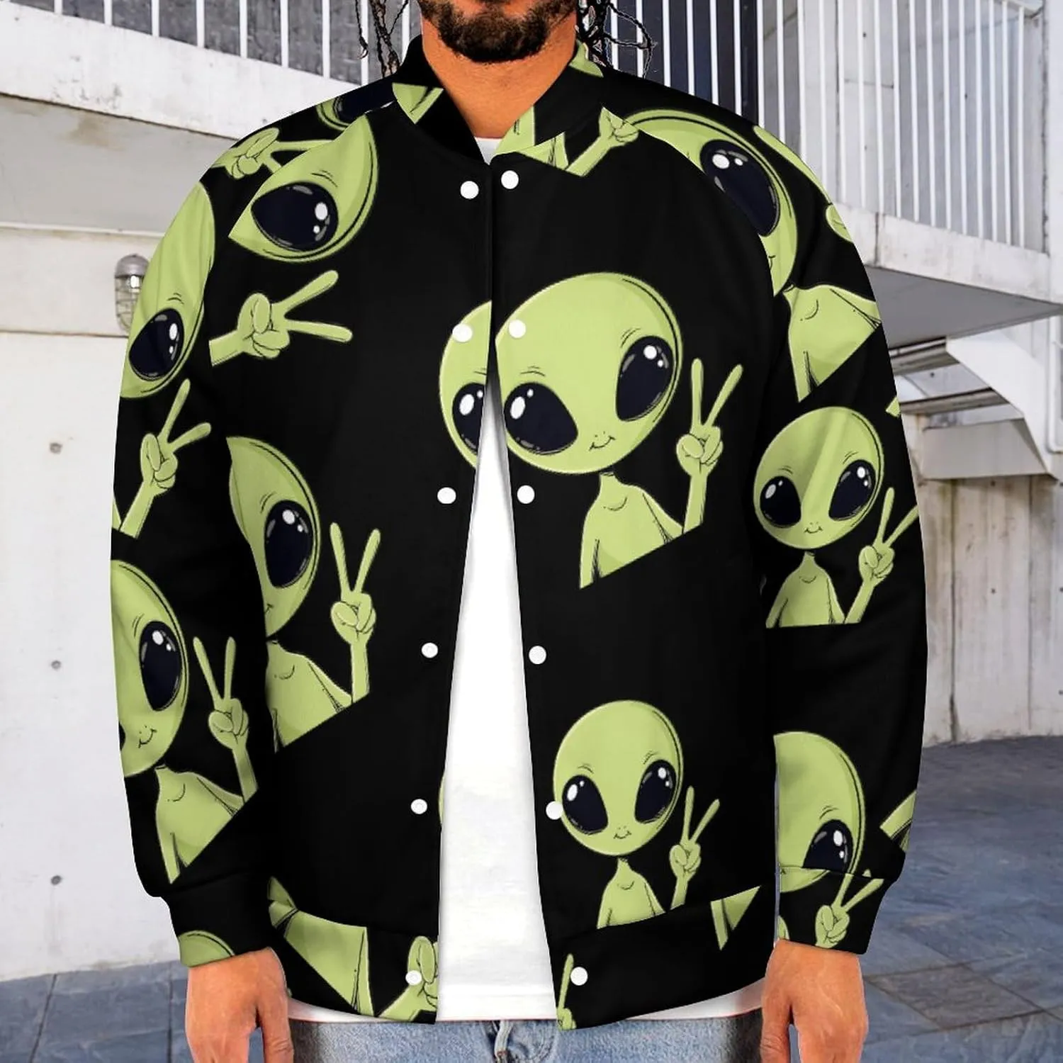 Peace Alien Mugshot Lightweight Men's Baseball Jackets Relaxed Fit Varsity Bomber Jacket Windbreaker Coat