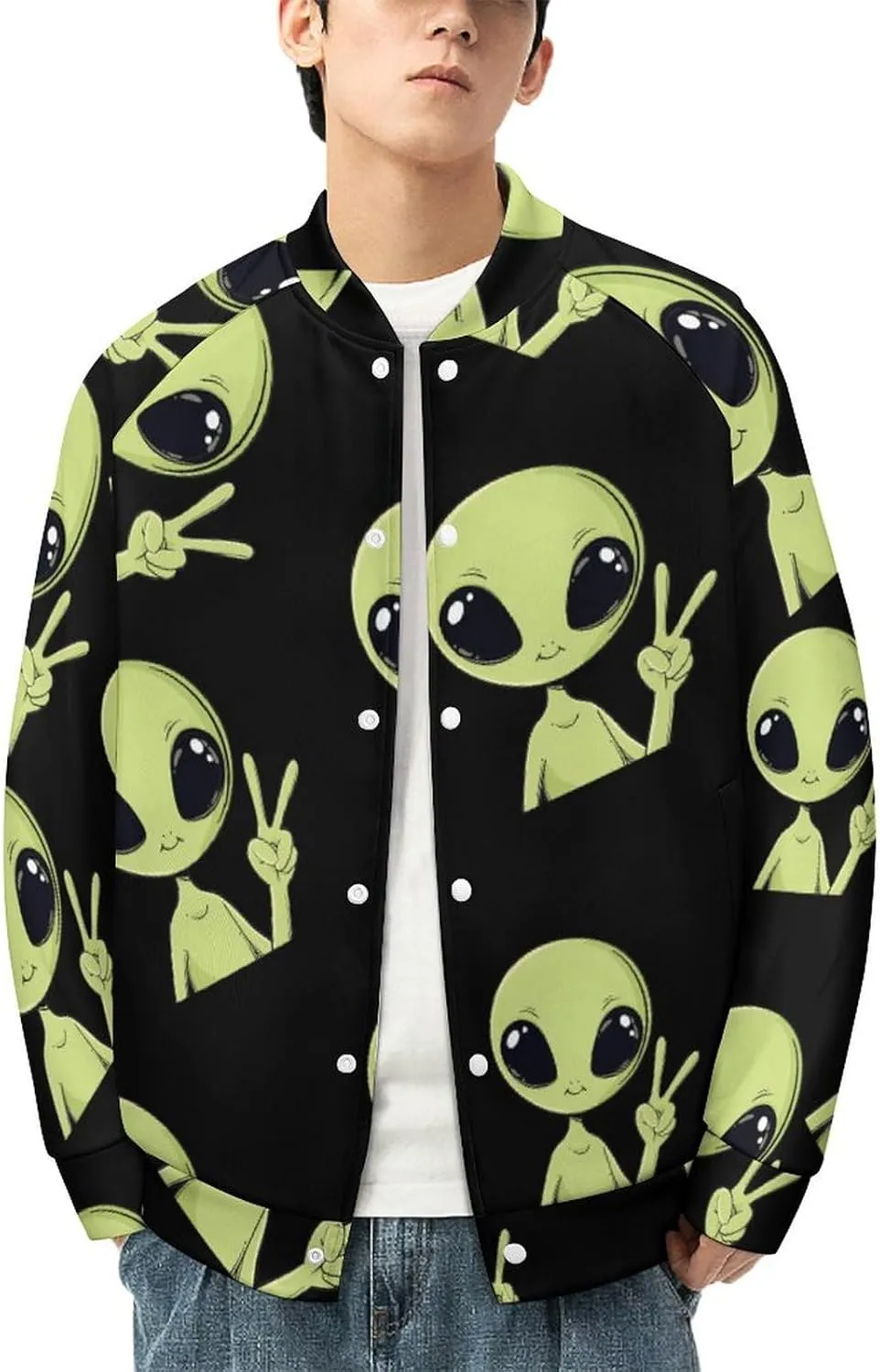 Peace Alien Mugshot Lightweight Men's Baseball Jackets Relaxed Fit Varsity Bomber Jacket Windbreaker Coat