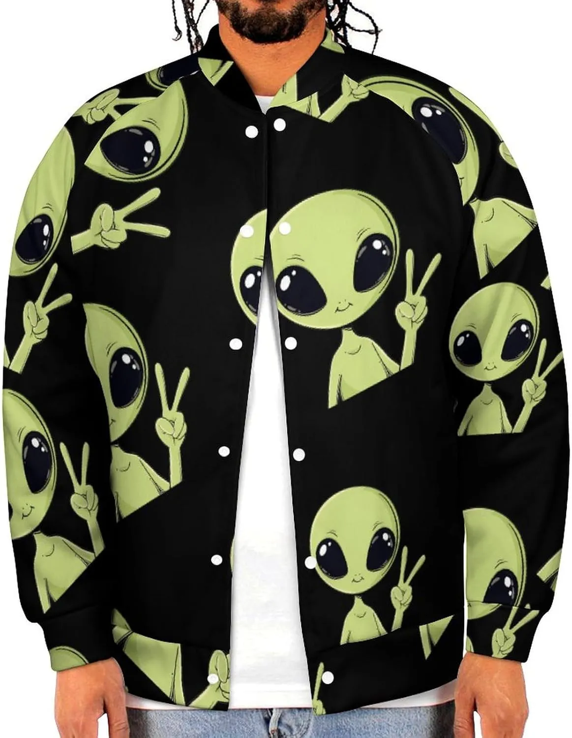 Peace Alien Mugshot Lightweight Men's Baseball Jackets Relaxed Fit Varsity Bomber Jacket Windbreaker Coat