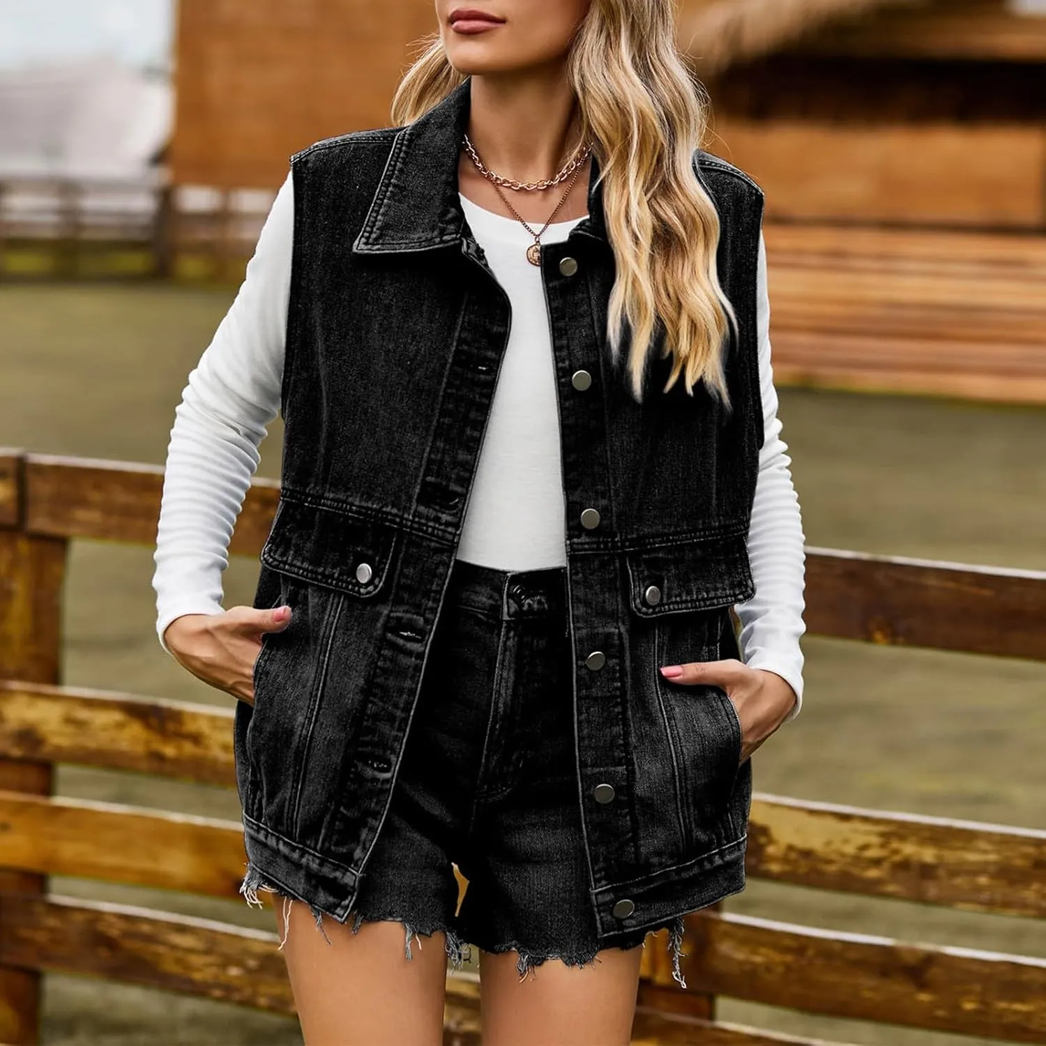 PeQAQ Women's Oversized Denim Vest 2024 Mid Long Jean Vest Distressed Sleeveless Denim Jacket Retro Boyfriend Denim Shacket