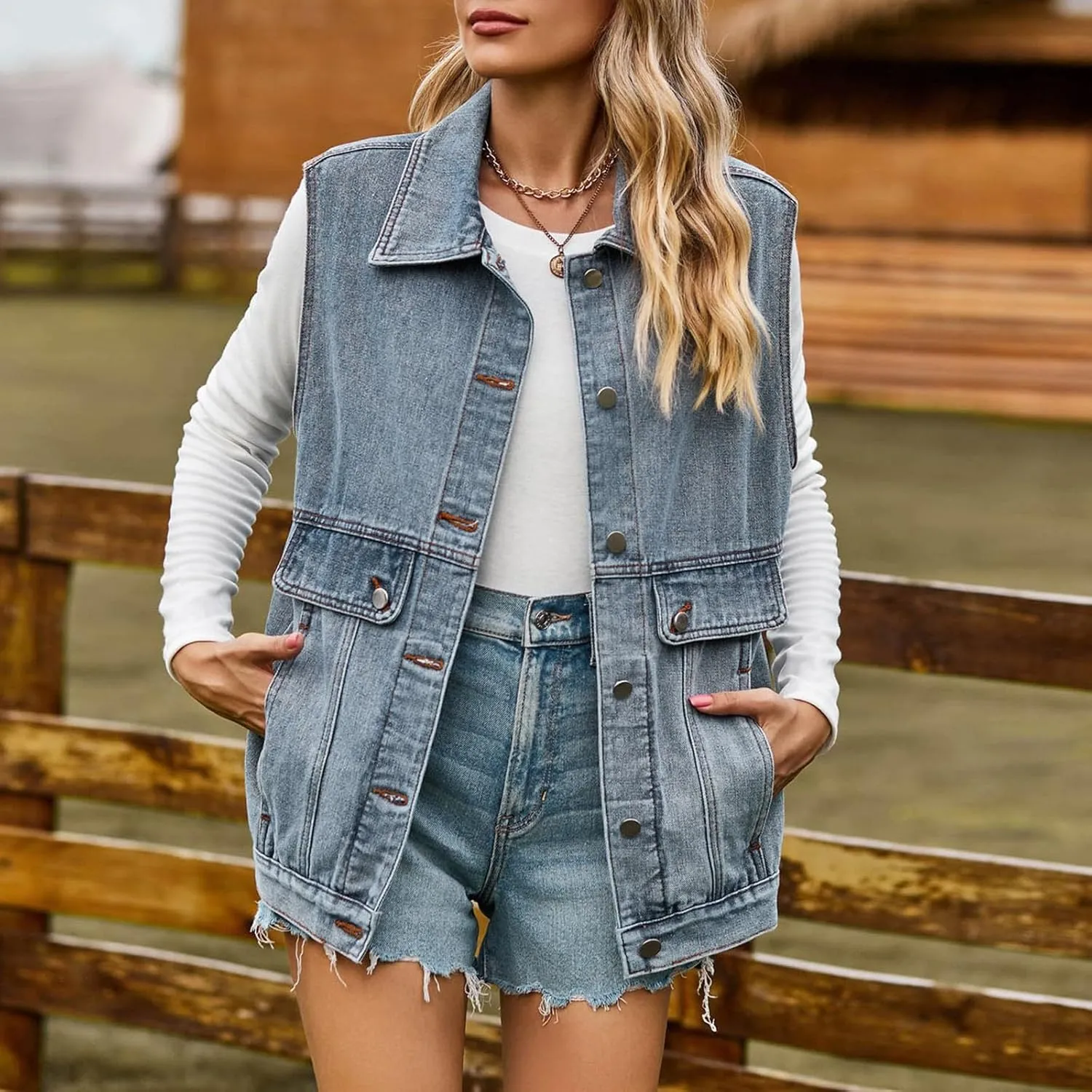 PeQAQ Women's Oversized Denim Vest 2024 Mid Long Jean Vest Distressed Sleeveless Denim Jacket Retro Boyfriend Denim Shacket