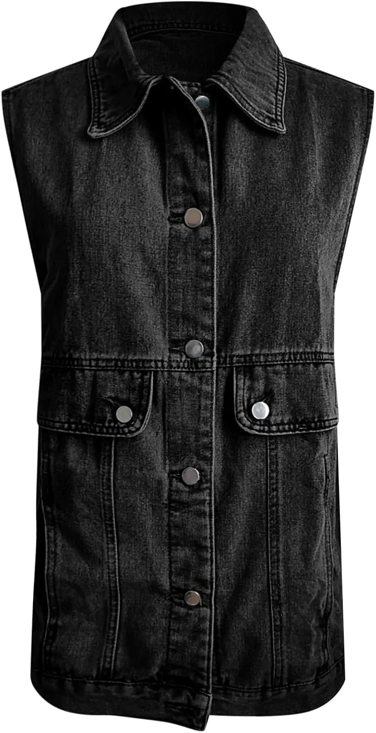 PeQAQ Women's Oversized Denim Vest 2024 Mid Long Jean Vest Distressed Sleeveless Denim Jacket Retro Boyfriend Denim Shacket