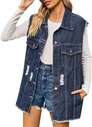 PeQAQ Women's Oversized Denim Vest 2024 Mid Long Jean Vest Distressed Sleeveless Denim Jacket Retro Boyfriend Denim Shacket