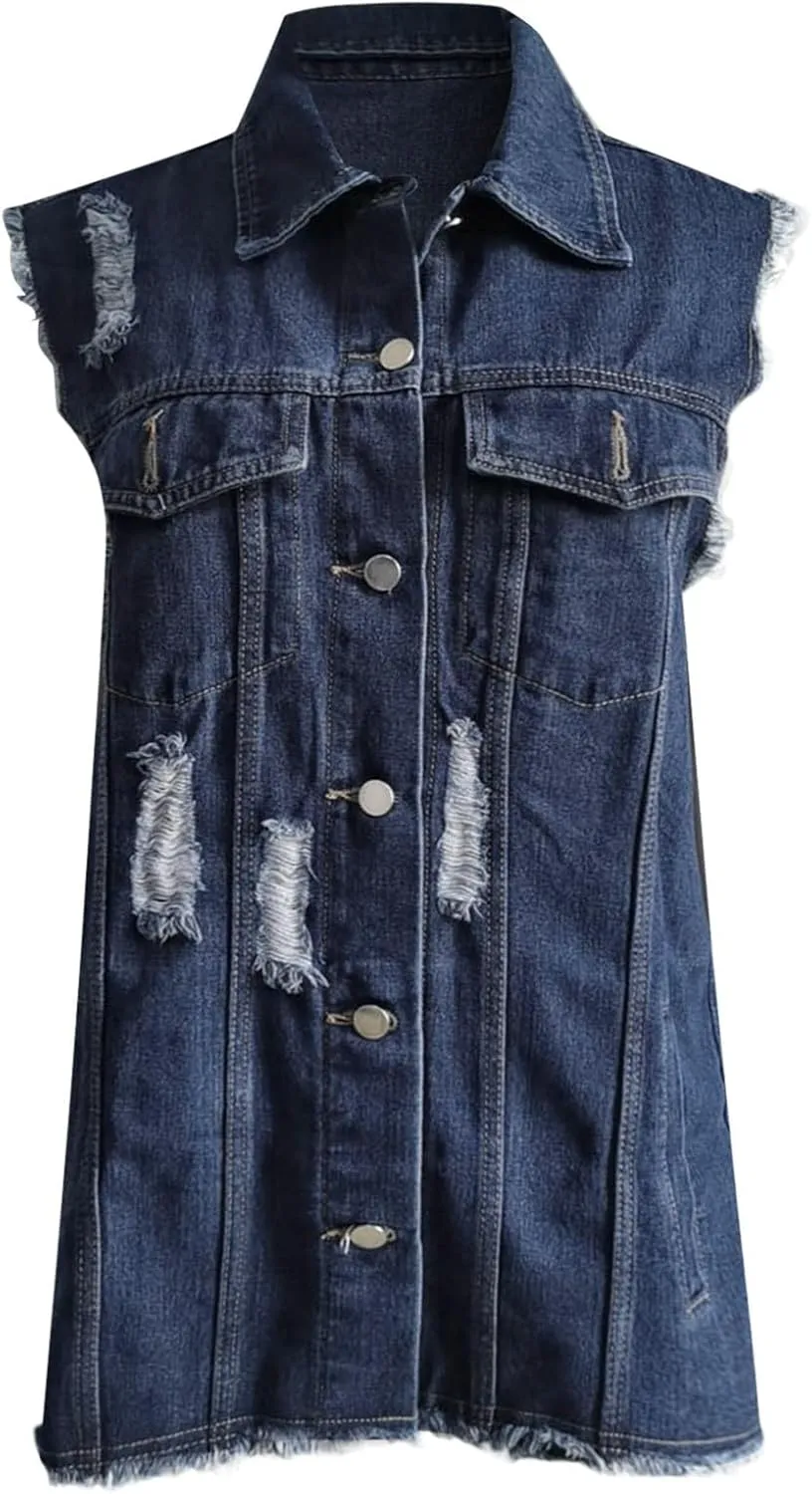 PeQAQ Women's Oversized Denim Vest 2024 Mid Long Jean Vest Distressed Sleeveless Denim Jacket Retro Boyfriend Denim Shacket