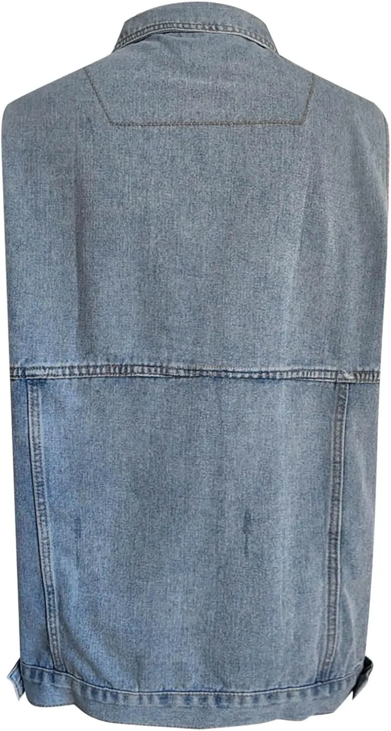PeQAQ Women's Oversized Denim Vest 2024 Mid Long Jean Vest Distressed Sleeveless Denim Jacket Retro Boyfriend Denim Shacket