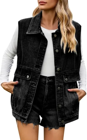 PeQAQ Women's Oversized Denim Vest 2024 Mid Long Jean Vest Distressed Sleeveless Denim Jacket Retro Boyfriend Denim Shacket