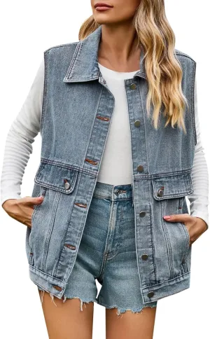 PeQAQ Women's Oversized Denim Vest 2024 Mid Long Jean Vest Distressed Sleeveless Denim Jacket Retro Boyfriend Denim Shacket