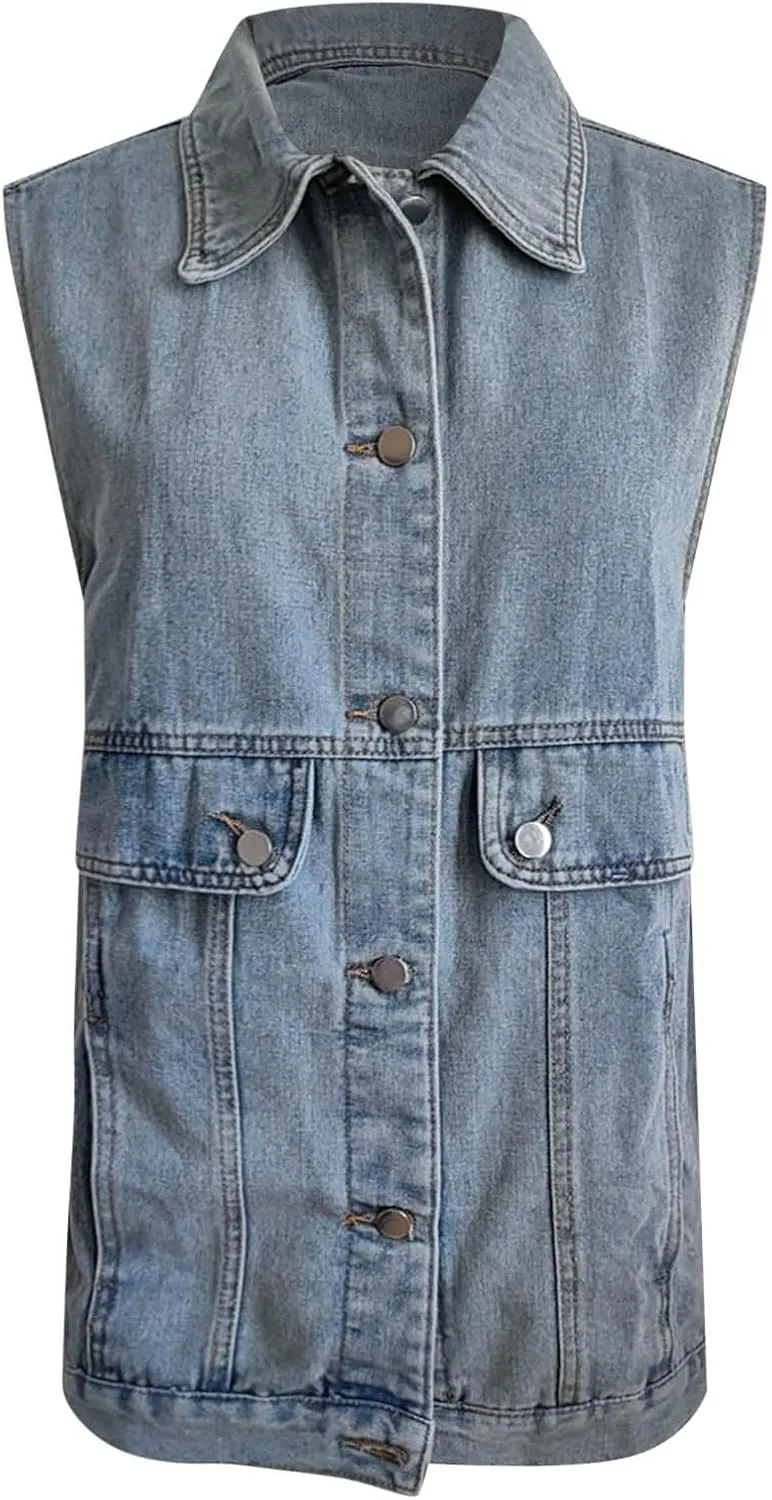 PeQAQ Women's Oversized Denim Vest 2024 Mid Long Jean Vest Distressed Sleeveless Denim Jacket Retro Boyfriend Denim Shacket