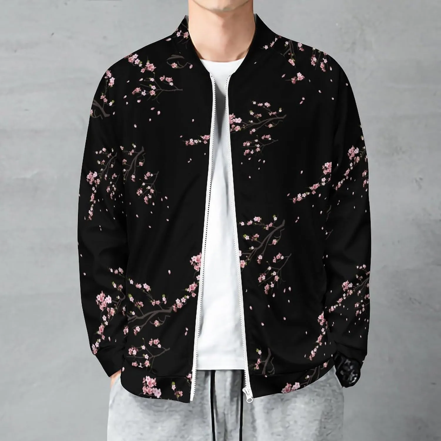 Pink Cherry Blossoms Lightweight Bomber Jacket Men Golf Fashion Coat Track Jackets Casual Windbreaker Shirt